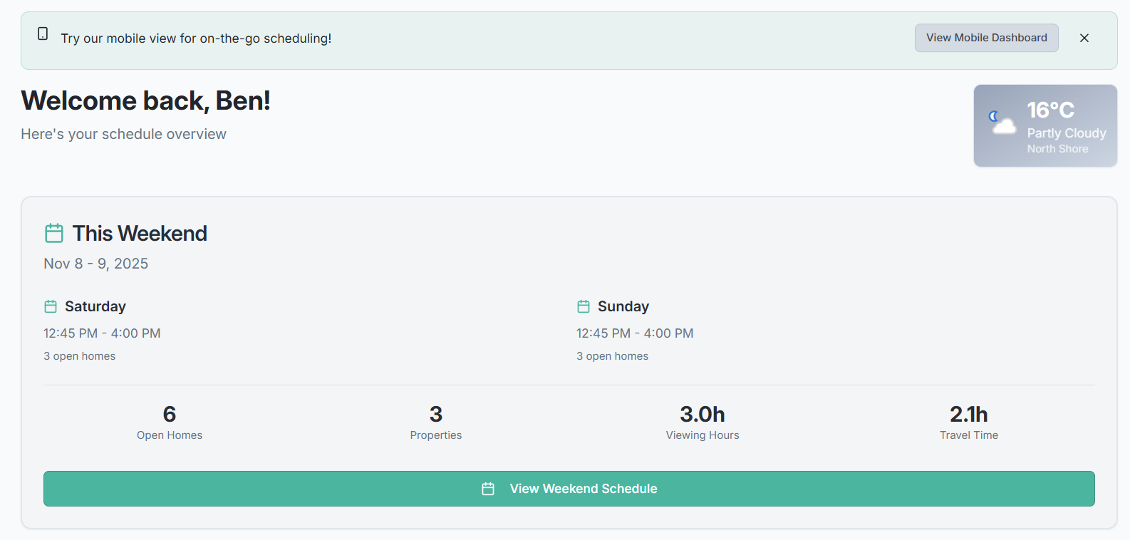 AgentMap dashboard showing weekend schedule overview with travel time tracking