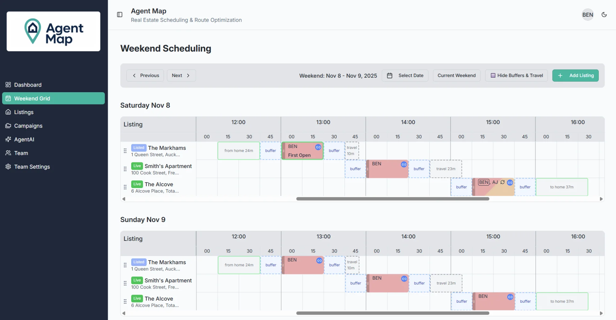 Visual scheduling grid preventing double-booking conflicts