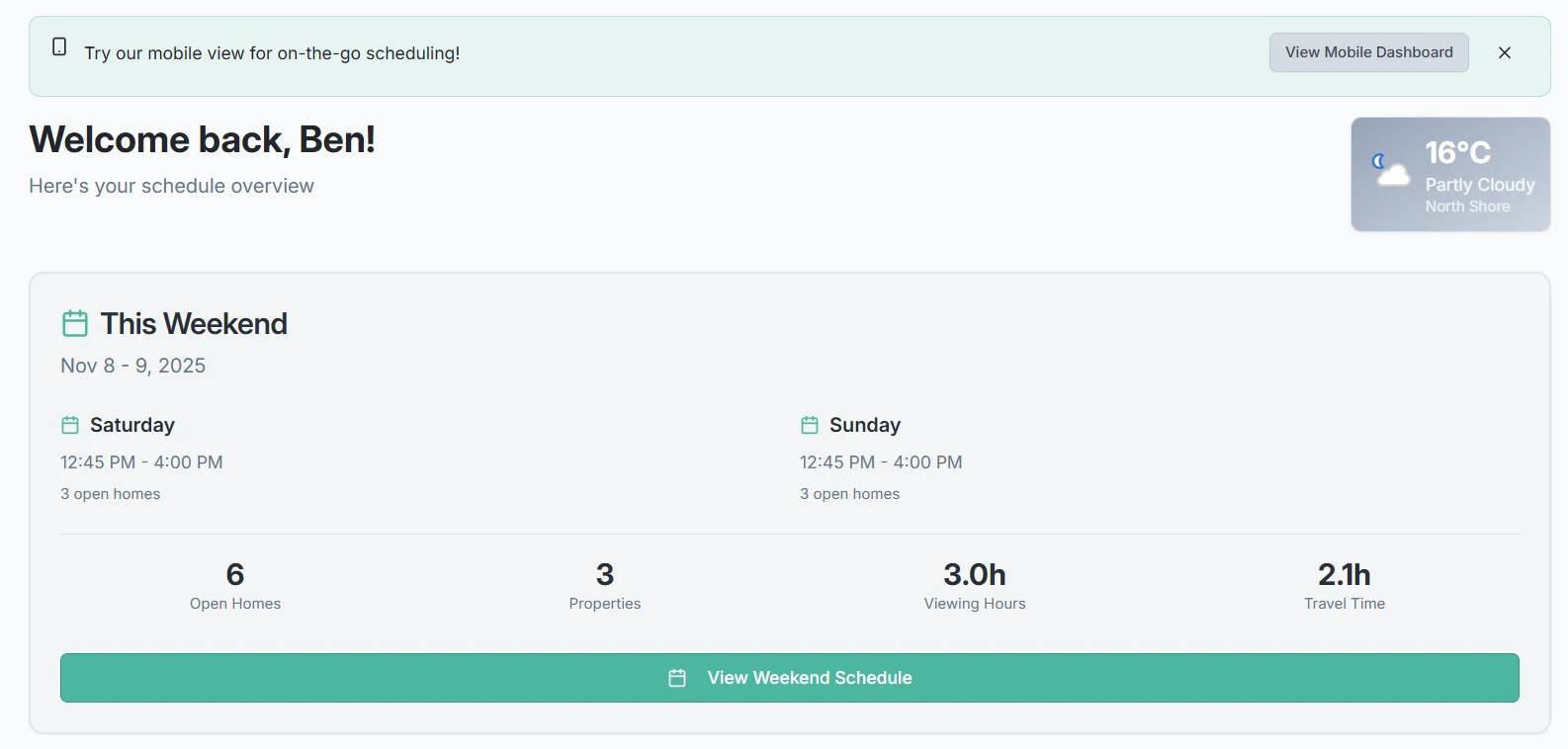 AgentMap Dashboard Overview showing weekend schedule with open homes, viewing hours, and travel time