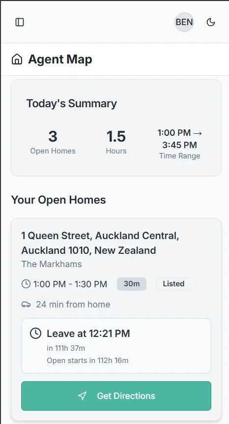 Mobile responsive view of AgentMap showing today's open homes with navigation and timing details
